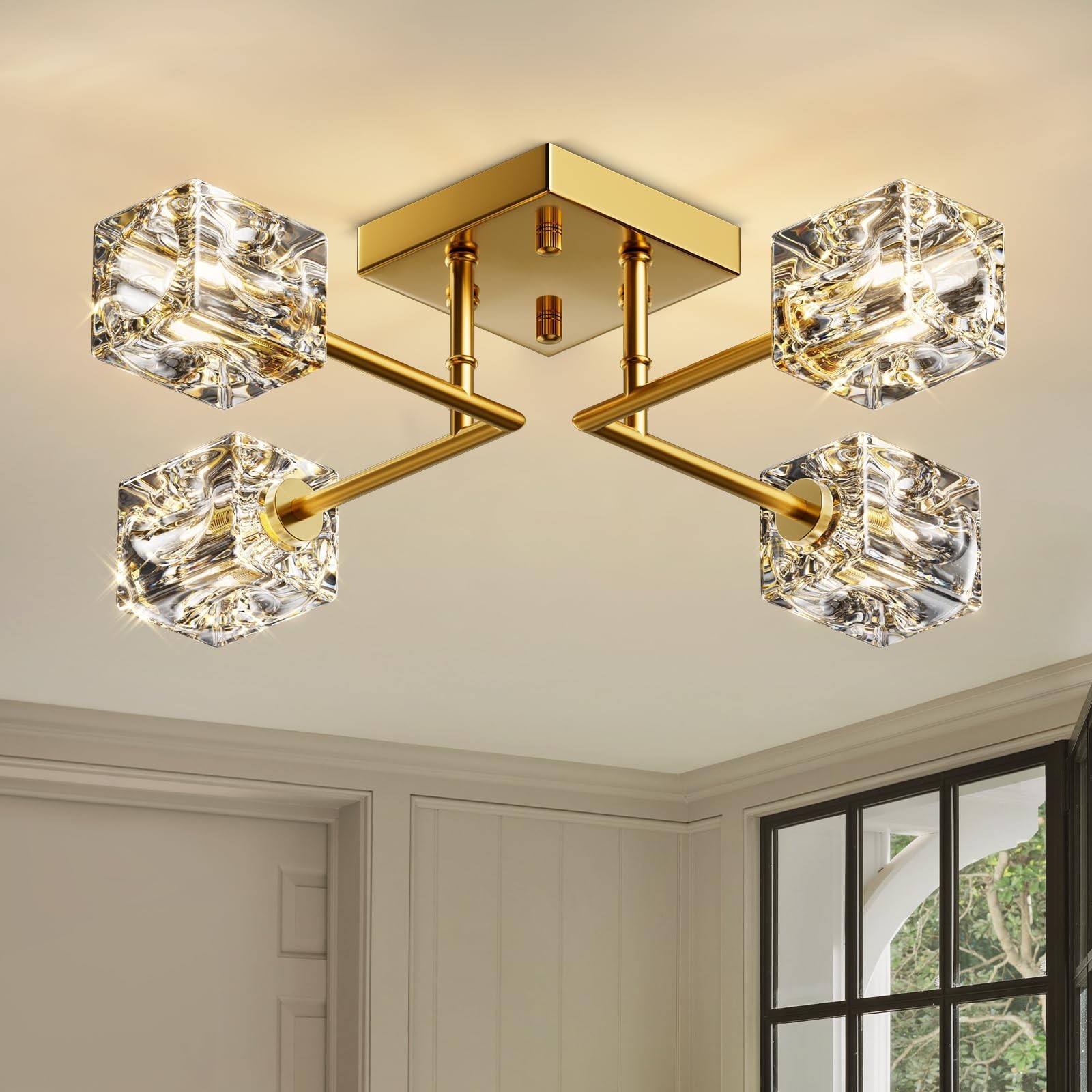 Gold Sputnik Crystal Ceiling Light, 4-Light Semi Flush Mount Chandelier | Mod…