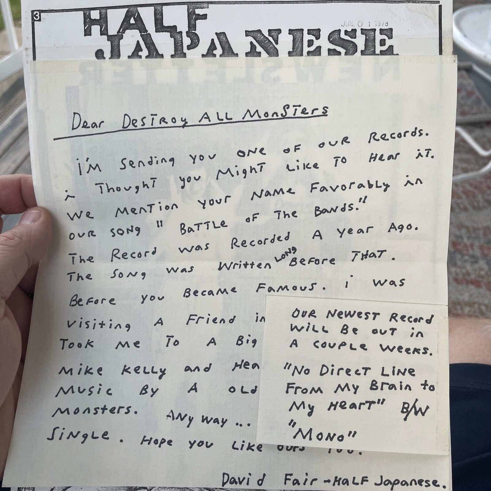 Half Japanese 1978 Promo Letter David Fair Destroy All monsters Rare Art Punk