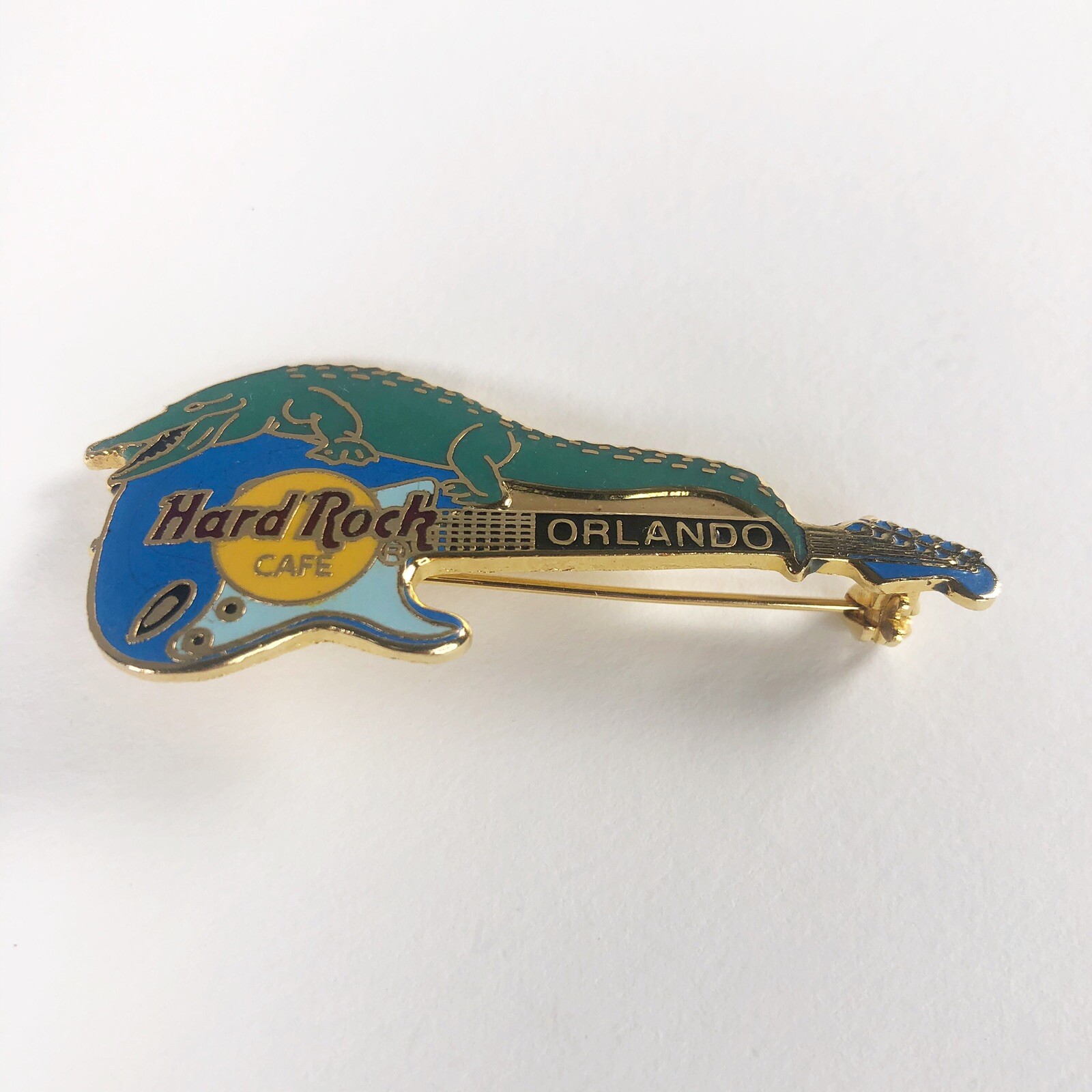 Hard Rock Cafe Alligator Blue Guitar Pin Orlando Florida Gold Tone Logo 2LC HRC