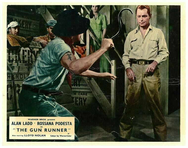 The Gun Runner Original Lobby Card Alan Ladd fighting tattoo man holding hook