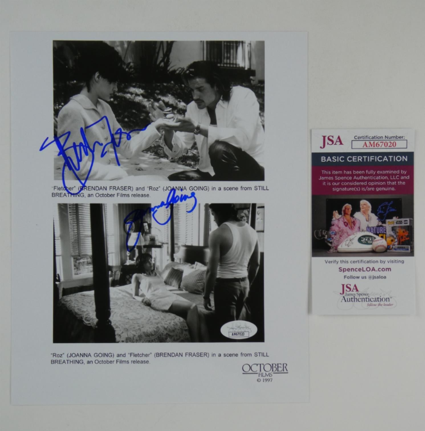 Brendan Fraser Joanna Going Signed 8×10 B&W Photo Still Breathing JSA COA