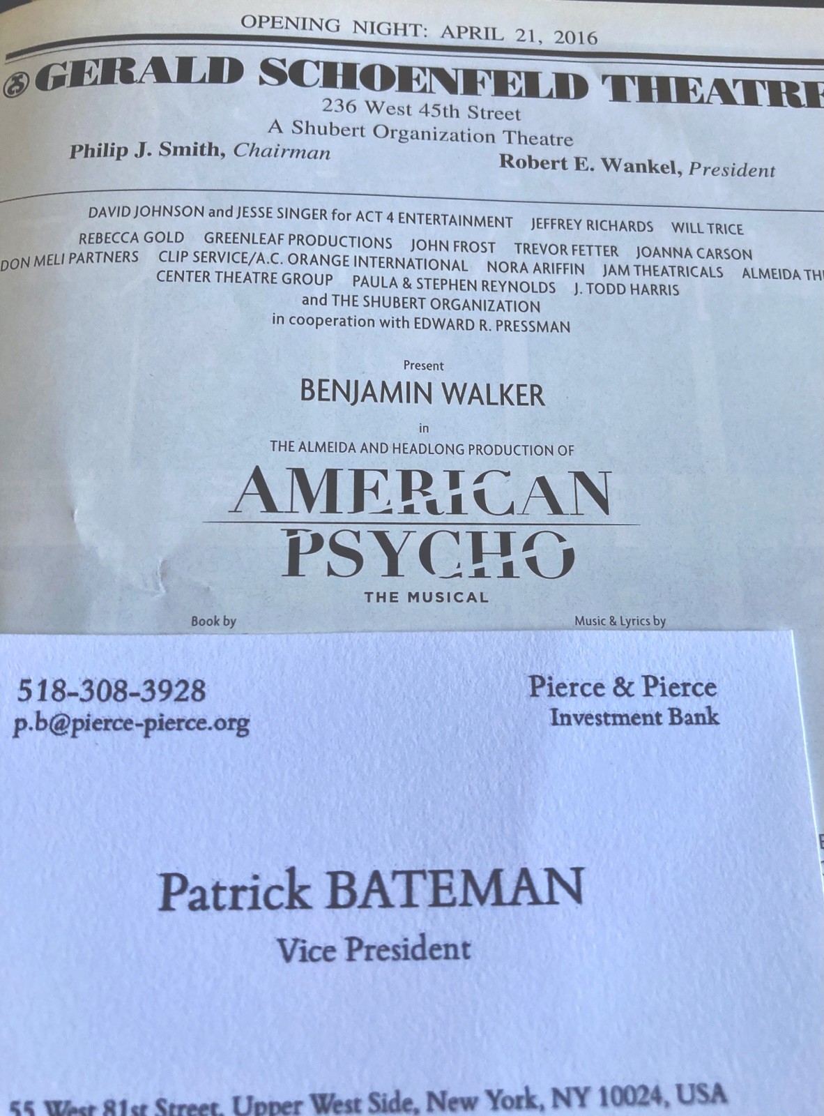 American Psycho Broadway Musical Opening Playbill + Business Card
