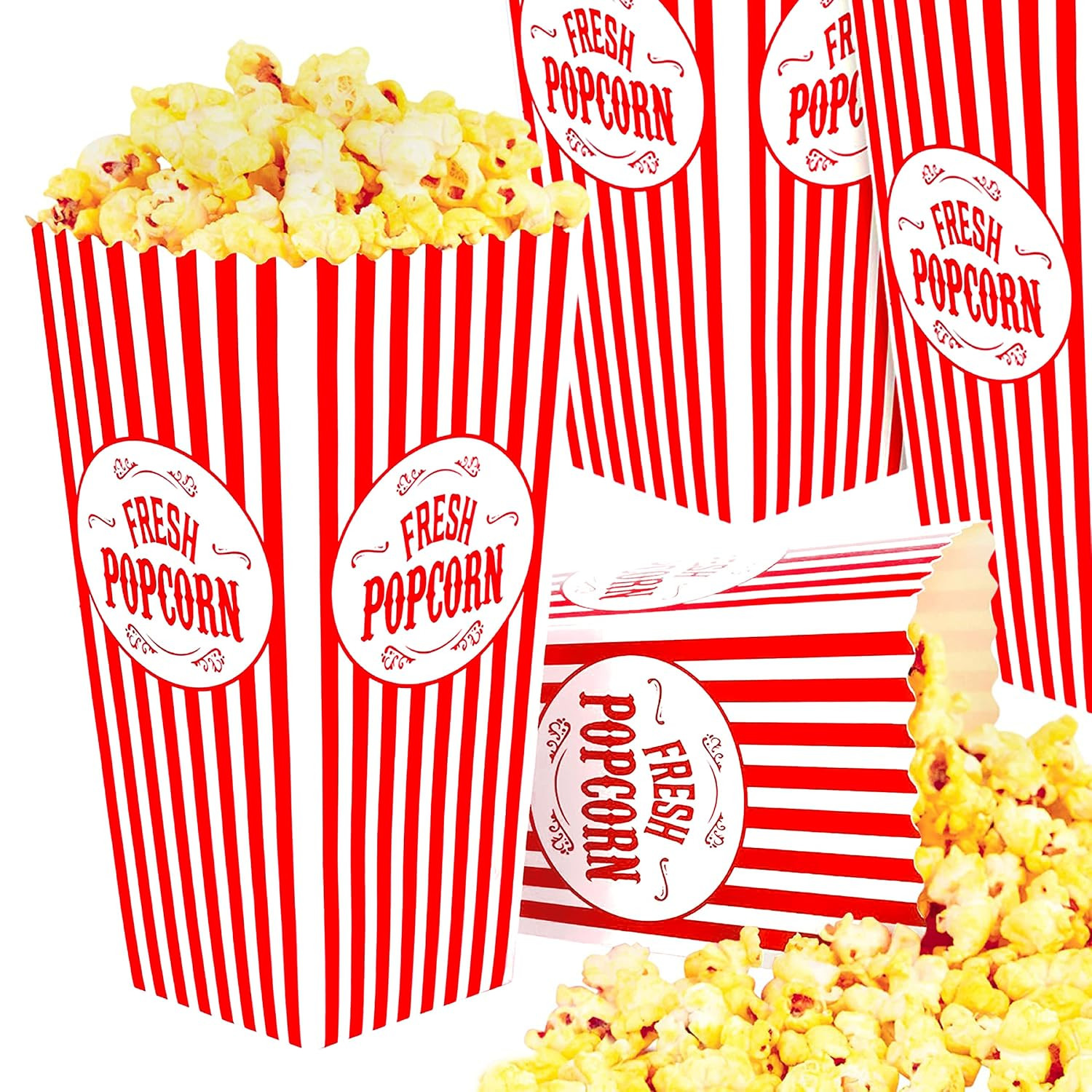 [25 Pack] Movie Theater Popcorn Boxes Disposable Red & White Striped – 46 Oz Cap