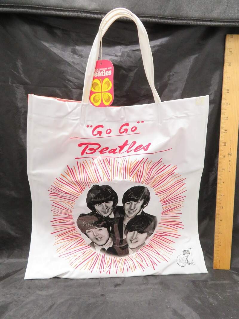 Vintage Go Go Beatles Vinyl Plastic Bag Tote 13 1/2″ Long x 14″ Tall x 3″ Wide