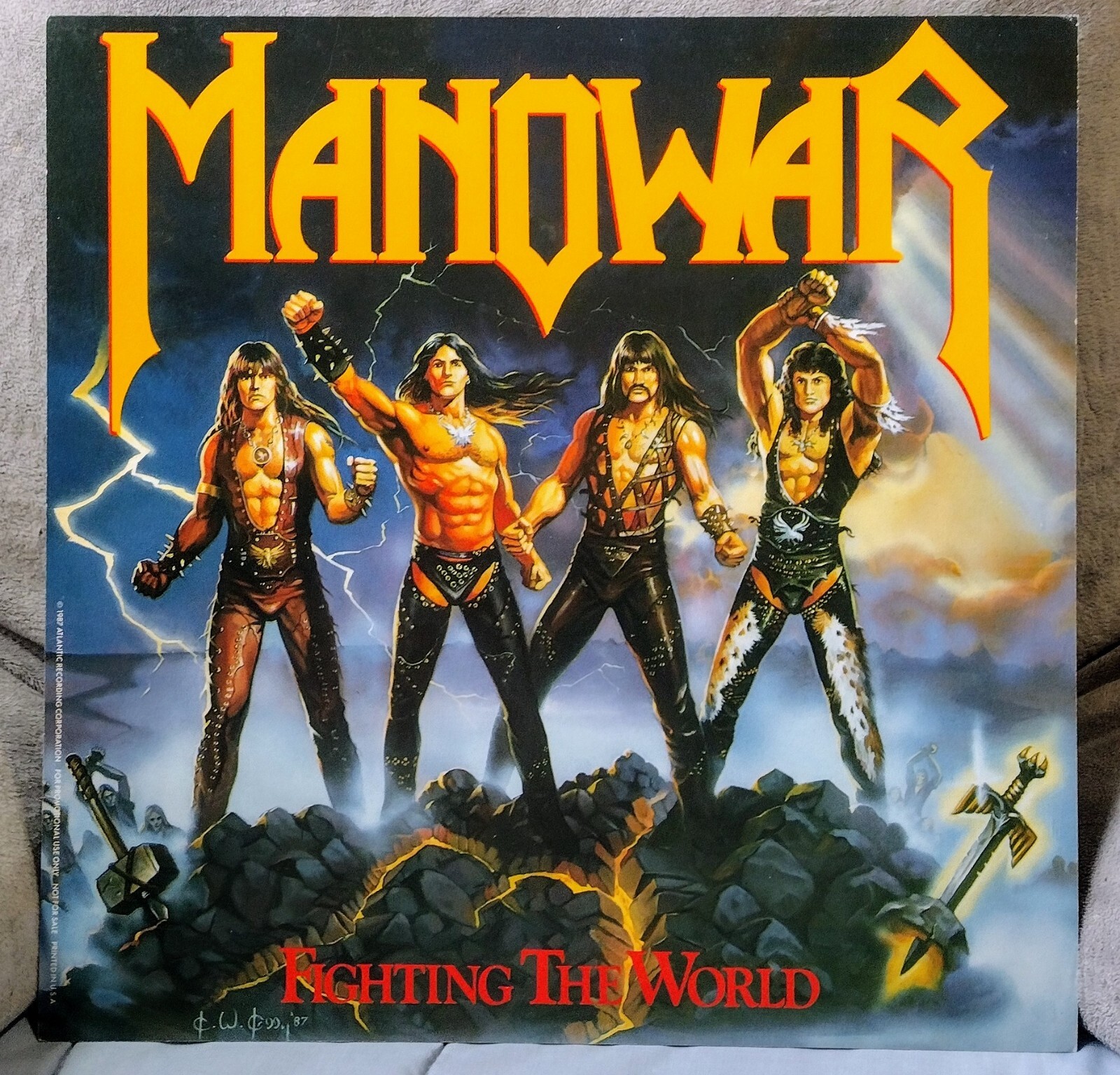 Manowar -” Fighting the World ” Poster 12″ by 12″ Flat promo 2 sided flat 1987