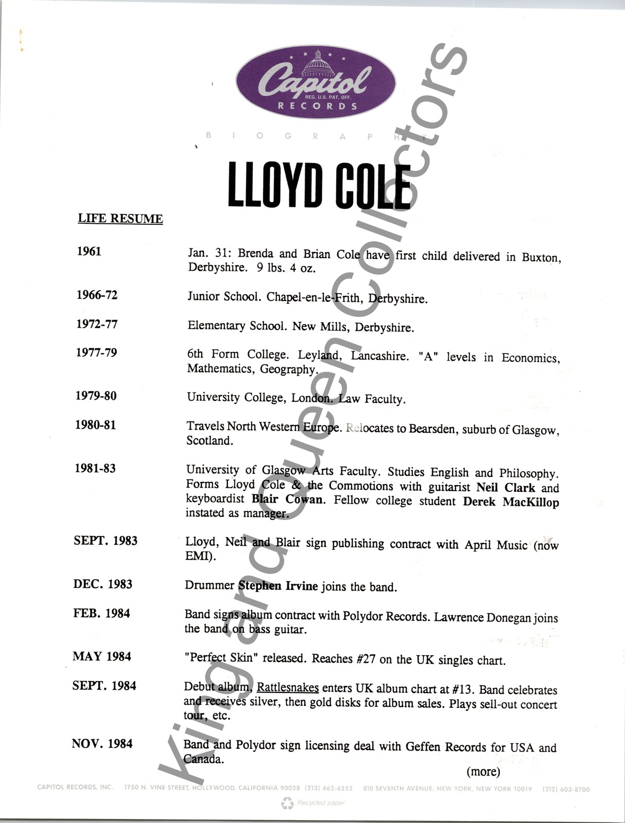 Lloyd Cole 1991 Original Capitol Records Press Kit Biography Sheet Don’t Get