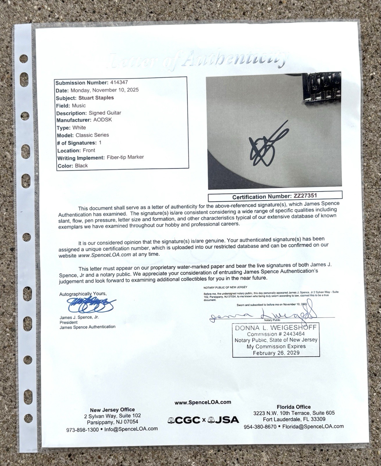 TINDERSTICKS Stuart Staples SIGNED Guitar JSA AUTHENTICATION LETTER