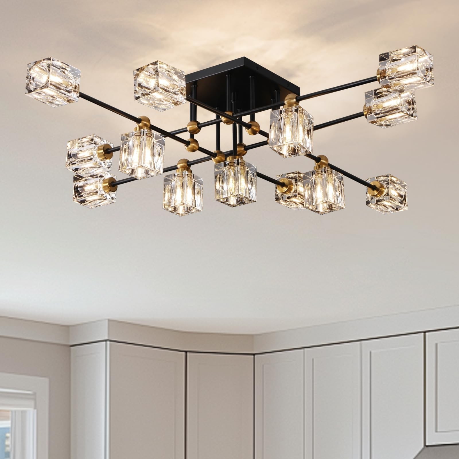 Modern Crystal Ceiling Light Fixture 13-Lights Black and Gold Semi Flush Moun…