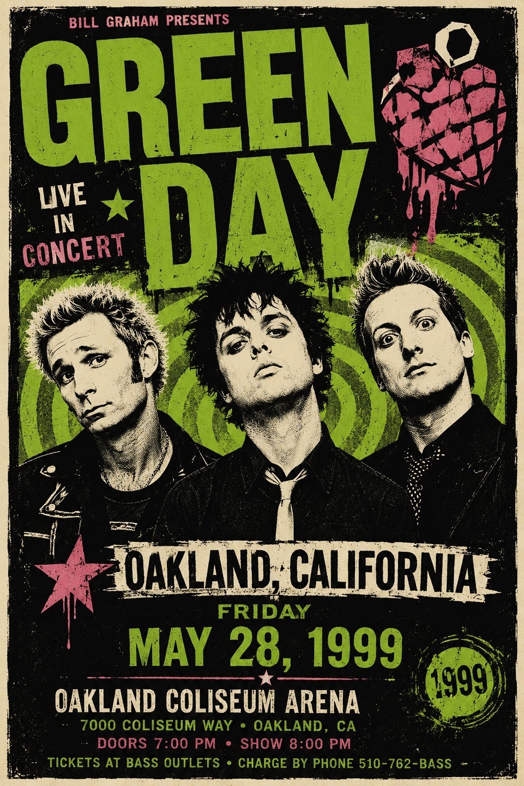1999 GREEN DAY CONCERT POSTER WALL ART PRINT OAKLAND CALIFORNIA SIZE 11X17inches