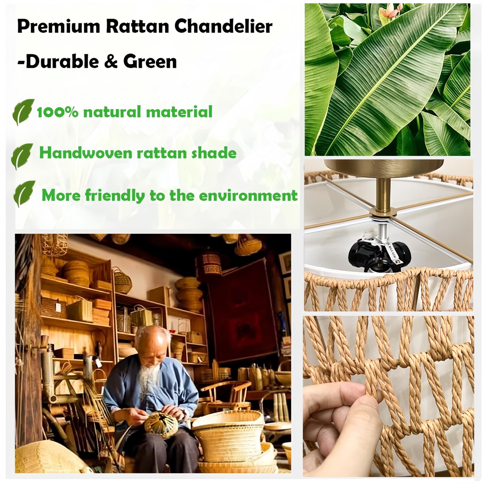 13.4″Rattan Flush Mount Ceiling Light Fixtures,Boho Rattan Chandelier with Dr…
