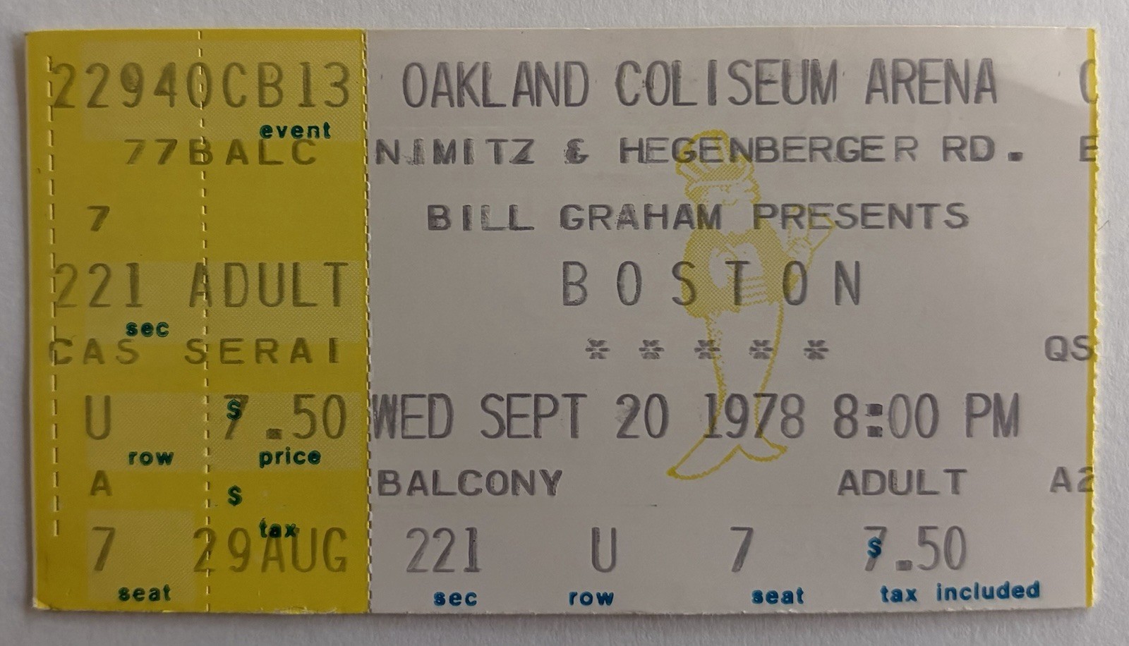 Boston Used Concert Ticket Stub September 20, 1978 Oakland Coliseum Bill Graham