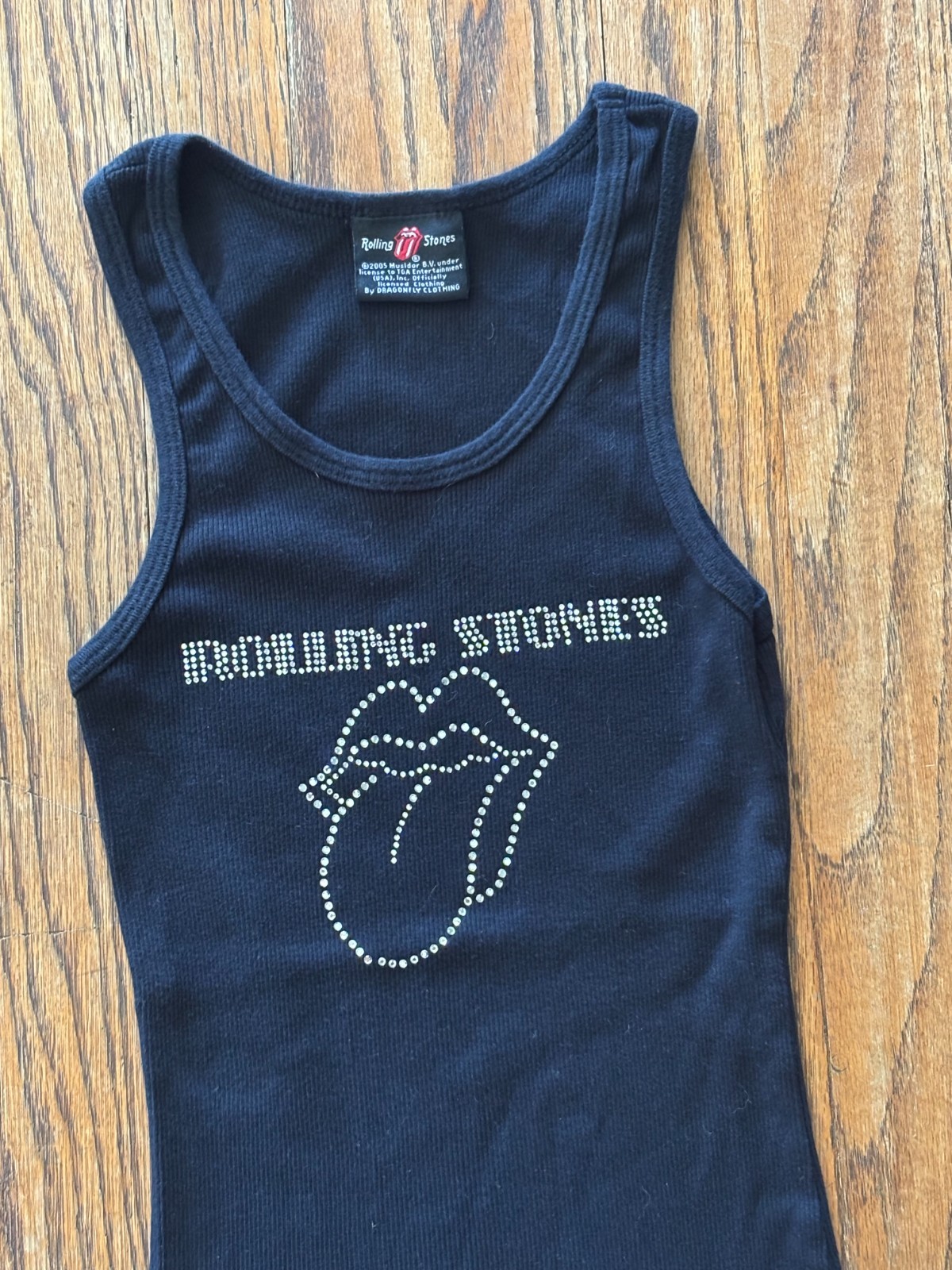 Vintage Y2K 2000s Rolling Stones Concert Rhinestone Ribbed Tank Top Black XS