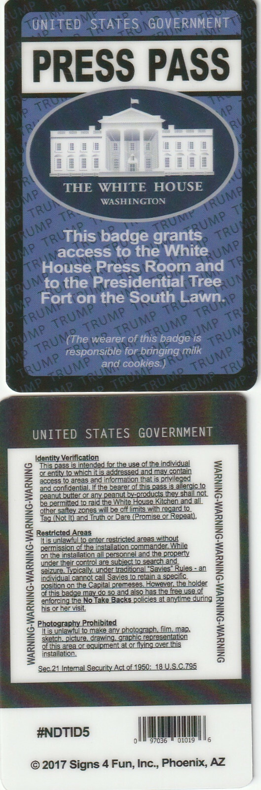 United States Government White House PRESS PASS Drivers License FAKE ID card