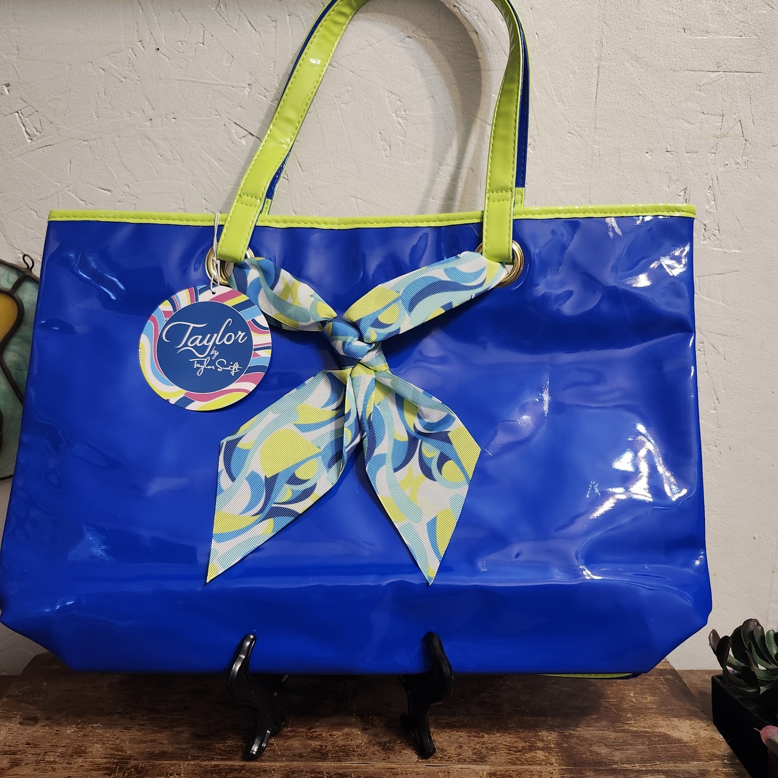 Taylor By Taylor Swift Blue and Green Vinyl Tote Bag With Ribbon
