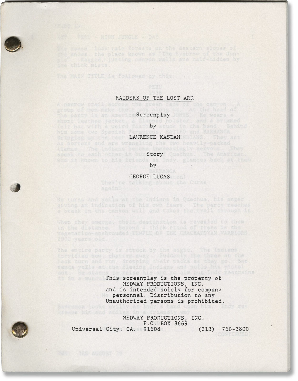Steven Spielberg RAIDERS OF THE LOST ARK Original screenplay for the #171961