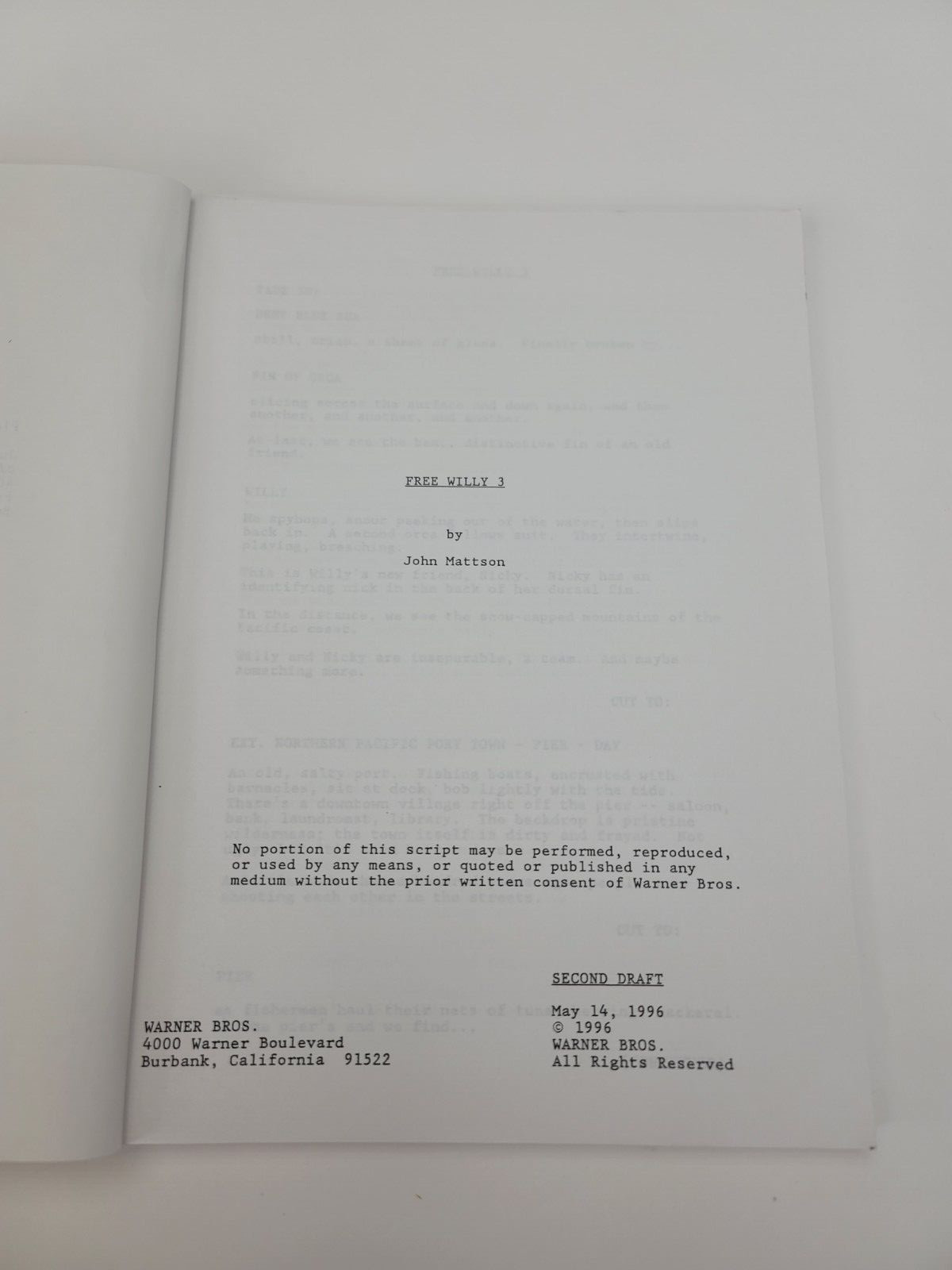 FREE WILLY 3: THE RESCUE / John Mattson 1996 Agency Screenplay, killer whale