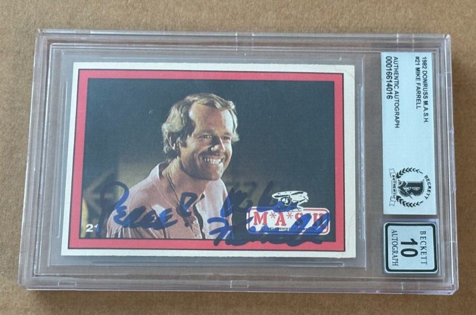 MIKE FARRELL SIGNED 1982 DONRUSS MASH TRADING CARD AUTO GRADE 10 BECKETT BAS #2