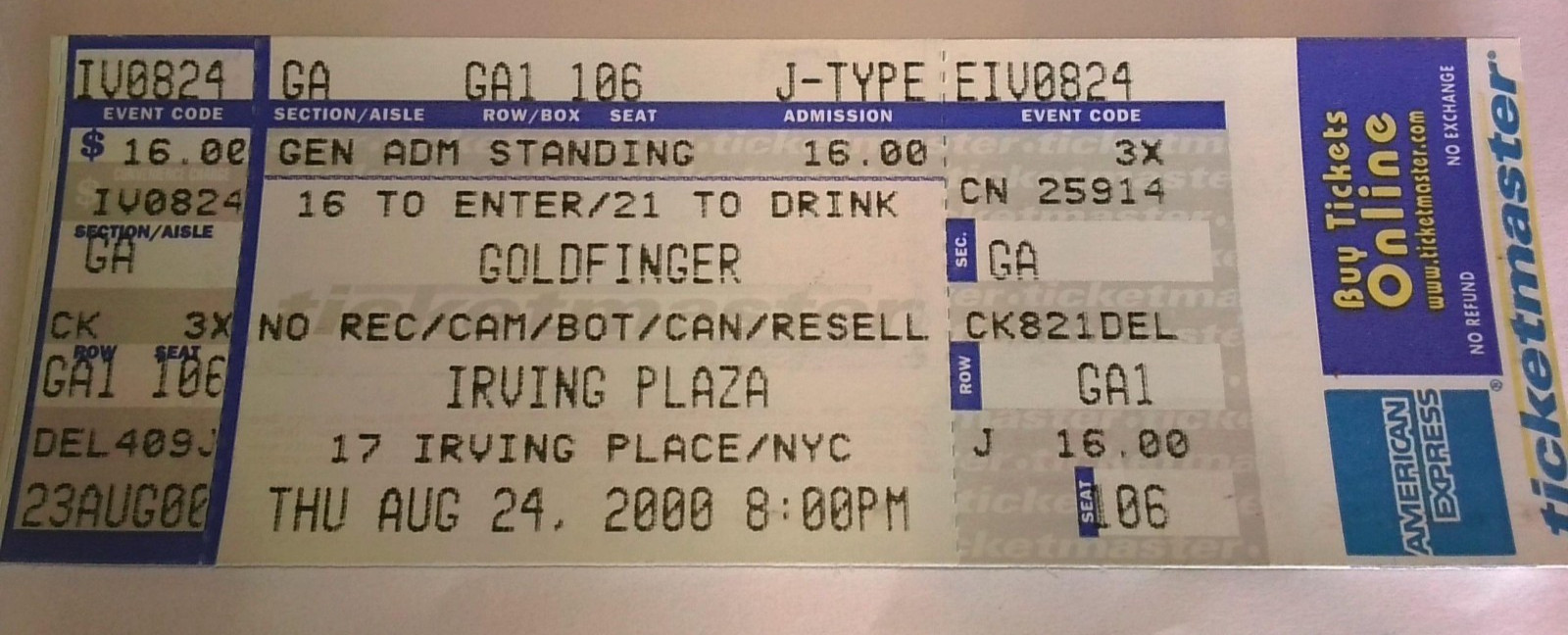 Goldfinger 2000 NYC Concert Ticket Stub (“Tony Hawk’s Pro Skater” Era)