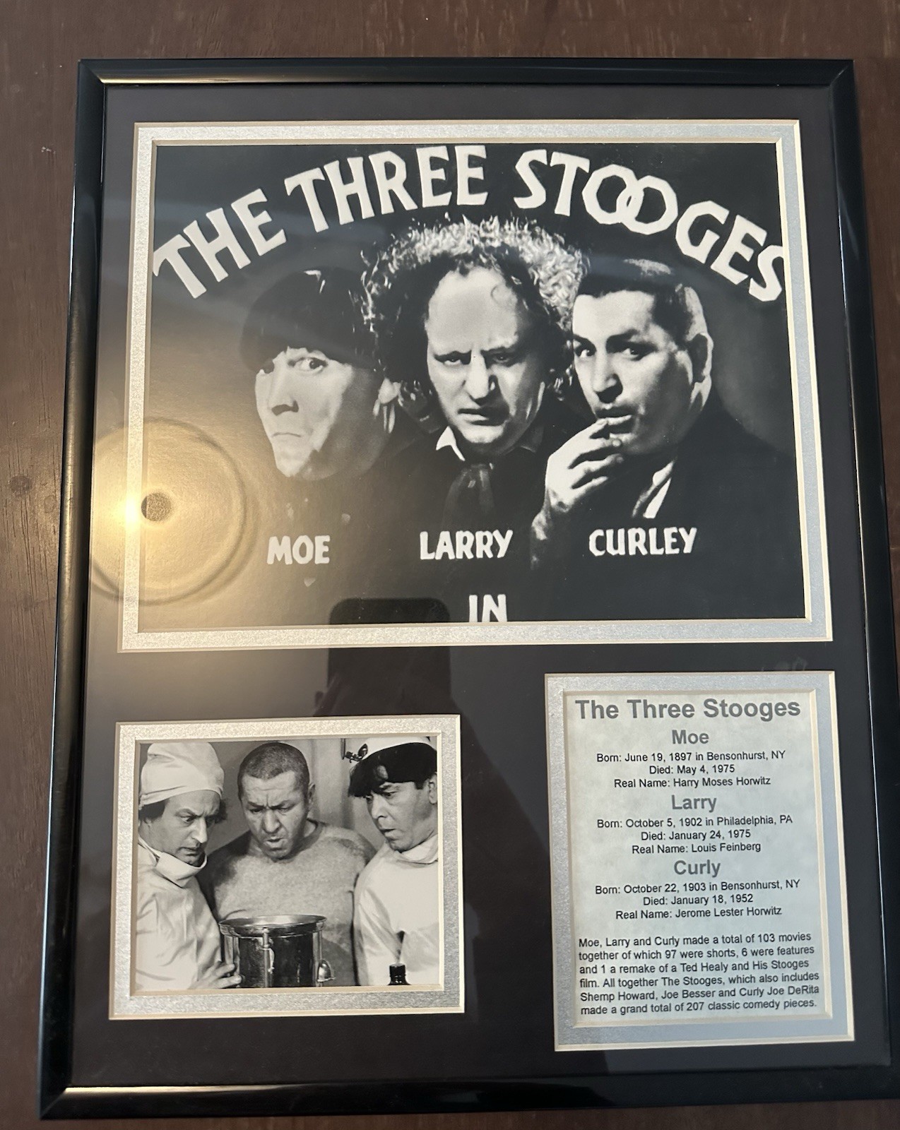 THE THREE STOOGES BLACK & WHITE DISPLAY FRAME PICTURES & BIO INFO LEGENDS