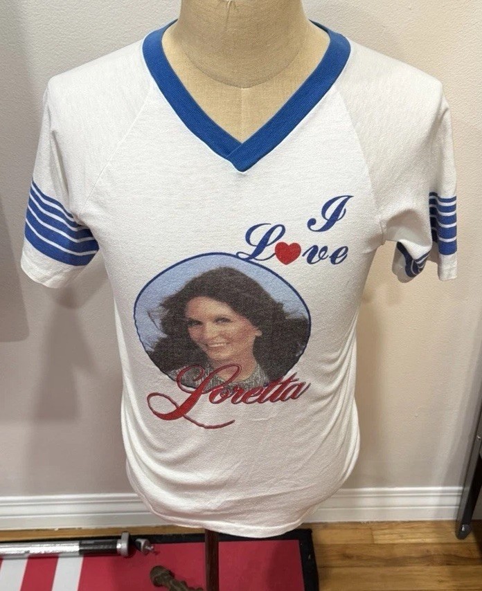 Vintage 70s I Live Loretta Lynn Country Music Concert Tour Ringer Shirt Adult S
