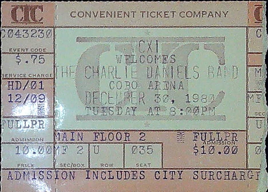 Charlie Daniels Band Concert Ticket Stub Cobo Arena Detroit Michigan 12/30/1980