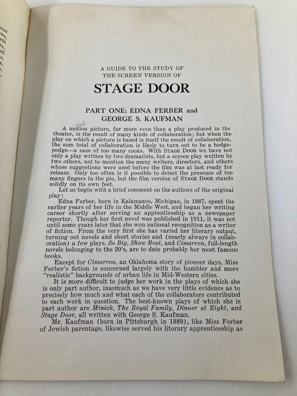 1937 Photoplay Studies Program Vol 3 #7 Stage Door by Barbeth H. Clark