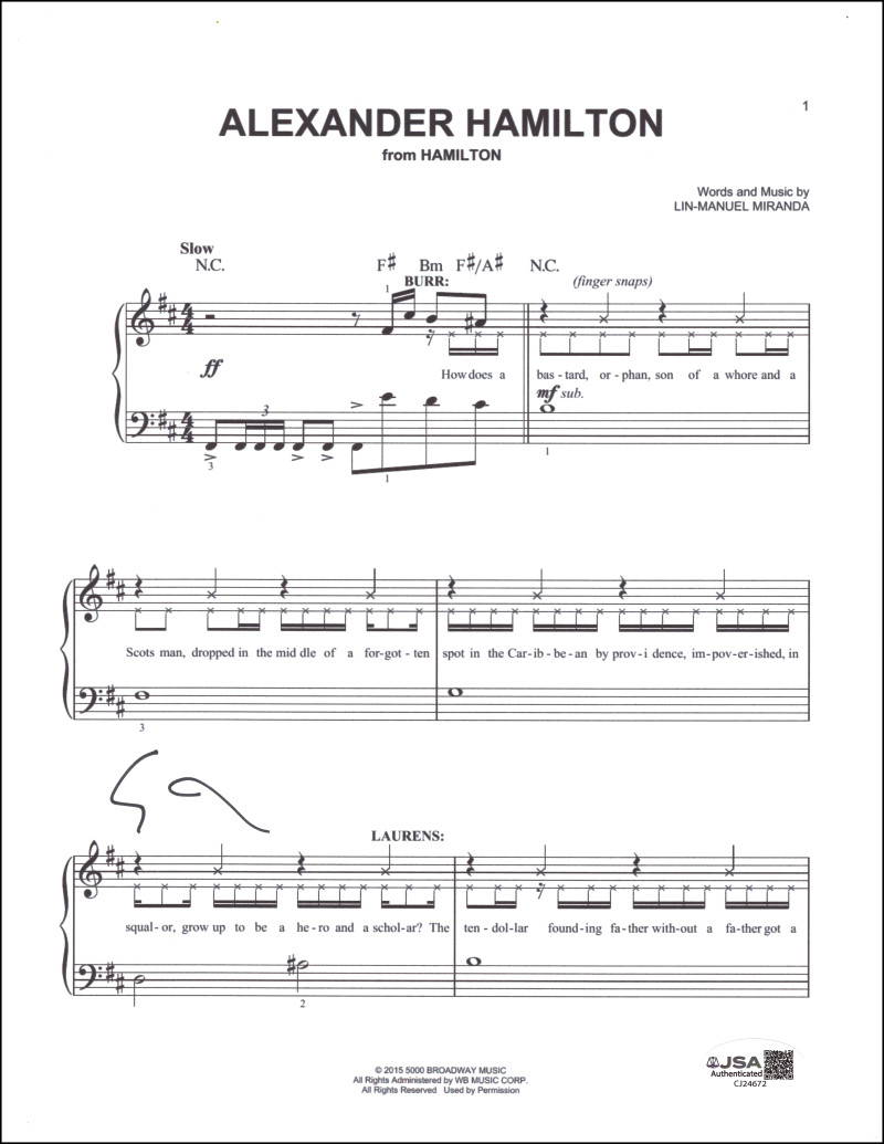 Lin-Manuel Miranda Signed Autograph Alexander Hamilton Sheet Music w/ JSA COA