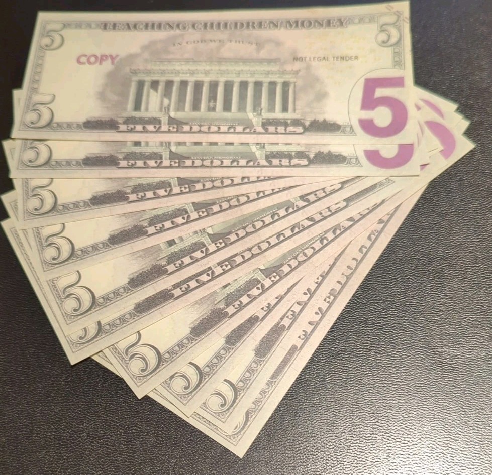Abraham Lincoln 10 Five $5(50 FV)Dollar Bills Movie Prop Replica Play Money Cash
