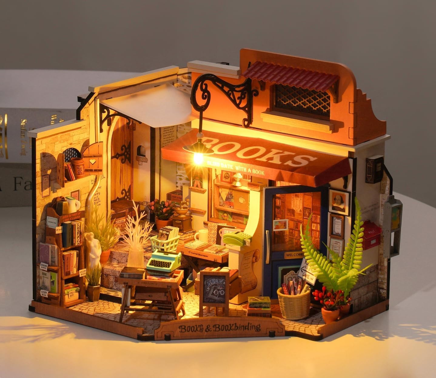 ROBOTIME DIY Miniature House Kit Corner Bookstore, Wooden Dollhouse Model Buildi