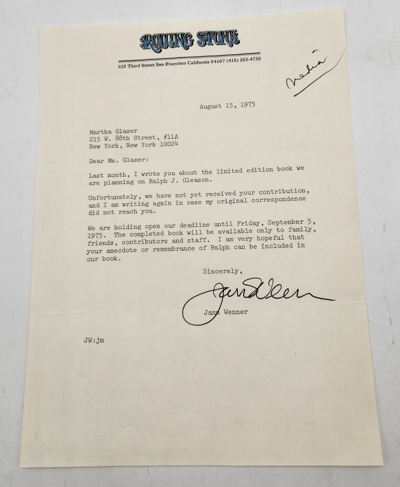 1975 Autographed Letter From Jann Wenner ( Rolling Stone) To Martha Glaser