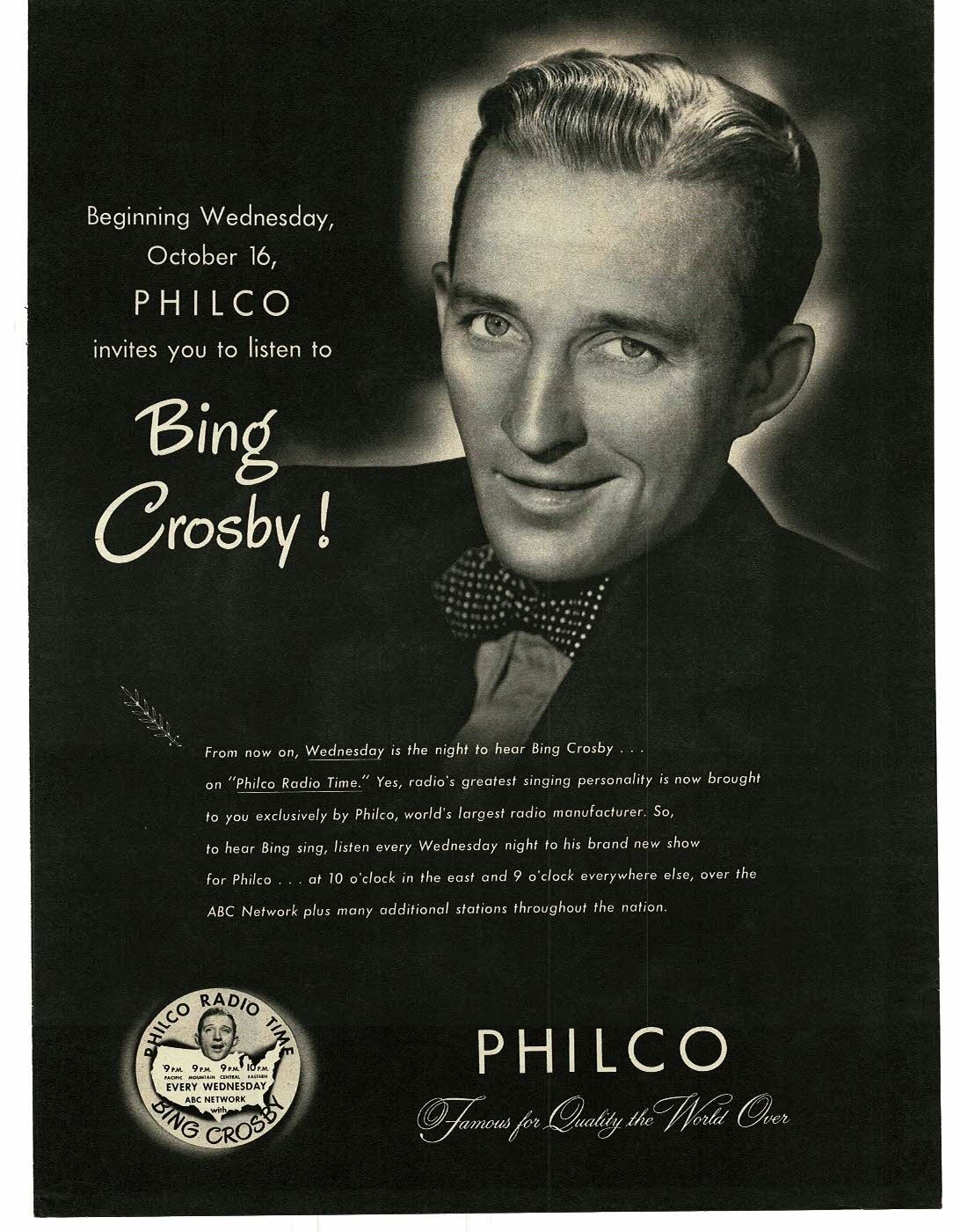 1946 Philco Radio Time program Bing Crosby Vintage Print Ad