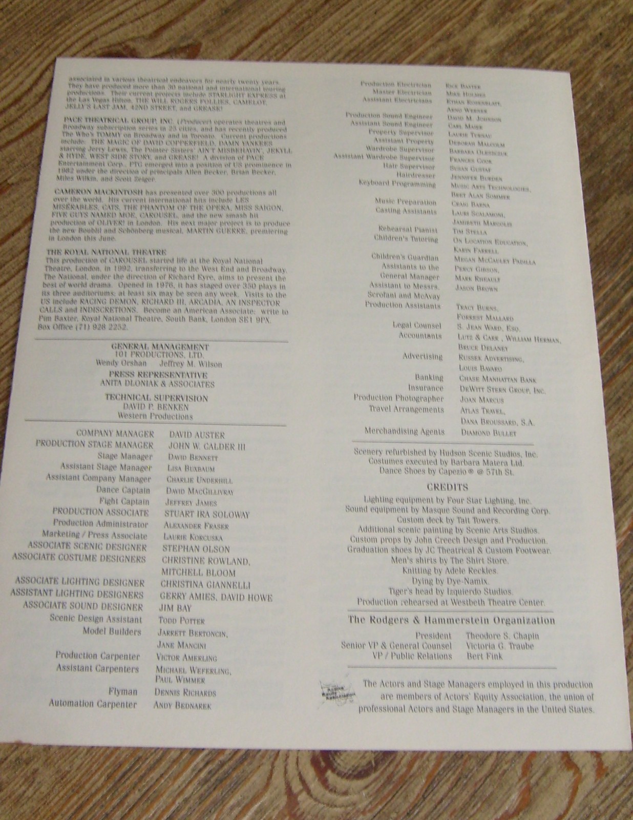 Carousel Program 1996 Patrick Wilson Rodgers Hammerstein Royal National Theatre