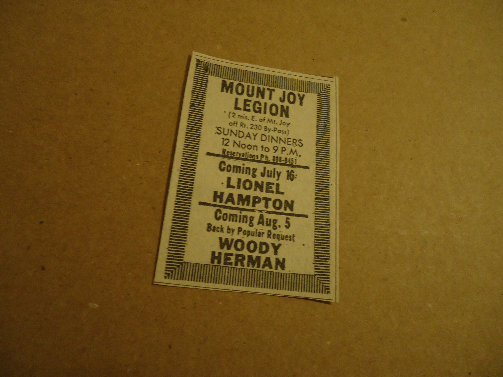 Lionel Hampton 1972 concert ad Mount Joy Legion MOUNT JOY PA