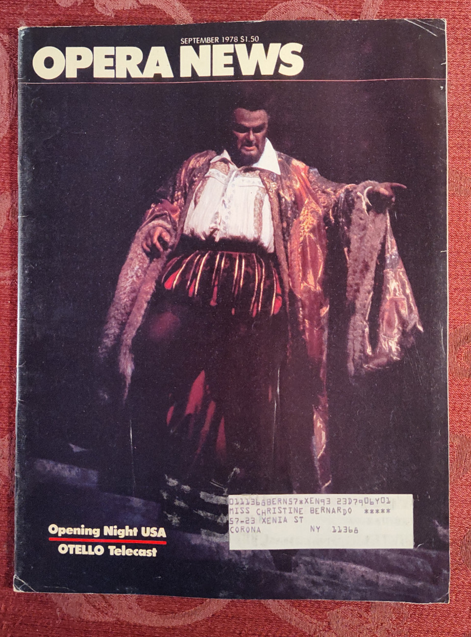 Rare METROPOLITAN OPERA NEWS Magazine September 1978 Verdi Otello Jon Vickers