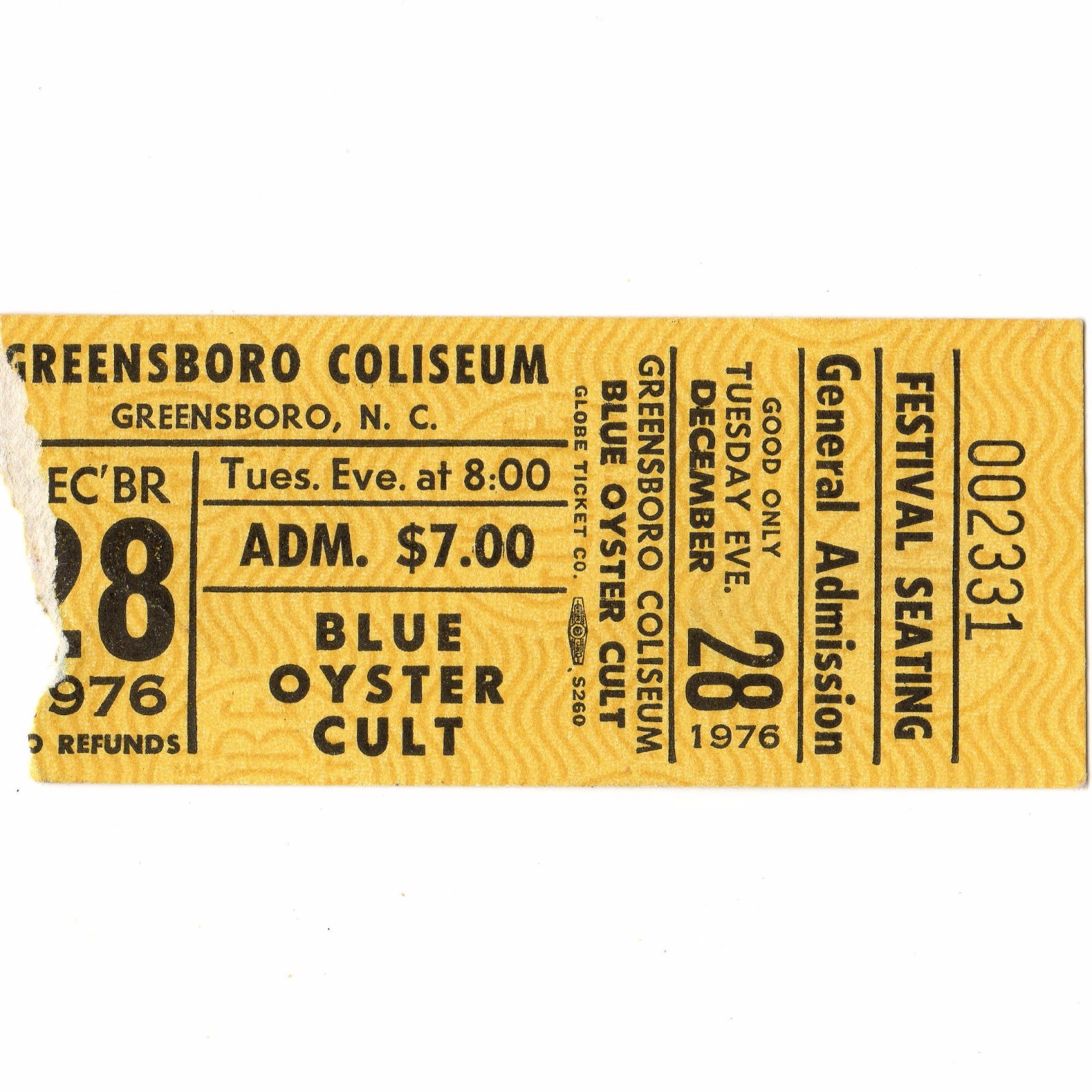 BLUE OYSTER CULT & GRINDERSWITCH Concert Ticket Stub 12/28/76 GREENSBORO NC Rare