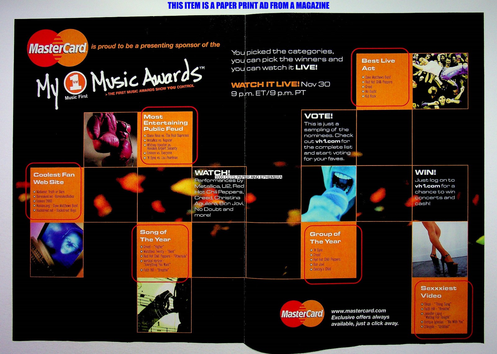 Mastercard My VH1 Music Awards 2000 Trade Print Magazine Ad Poster ADVERT