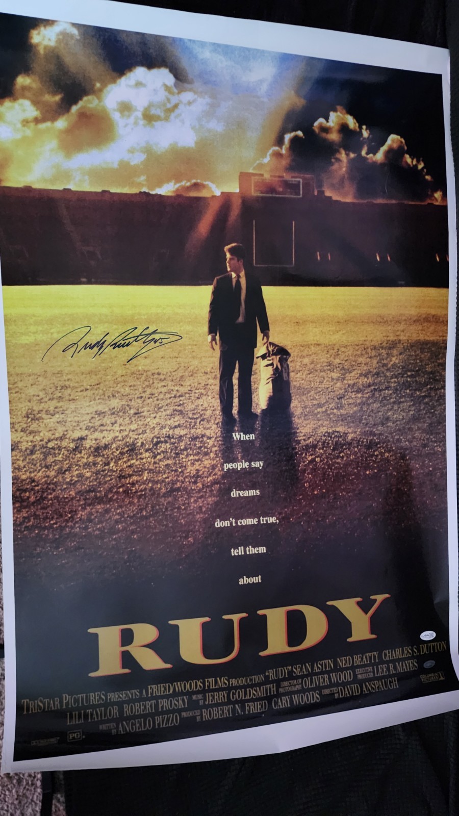 Rudy Ruettiger Signed “Rudy” 25×38 Movie Poster JSA COA