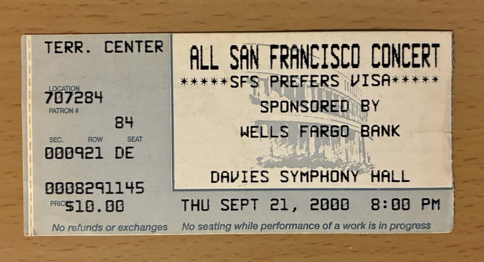 2000 ALL SAN FRANCISCO CONCERT DAVIES SYMPHONY HALL CONCERT TICKET STUB