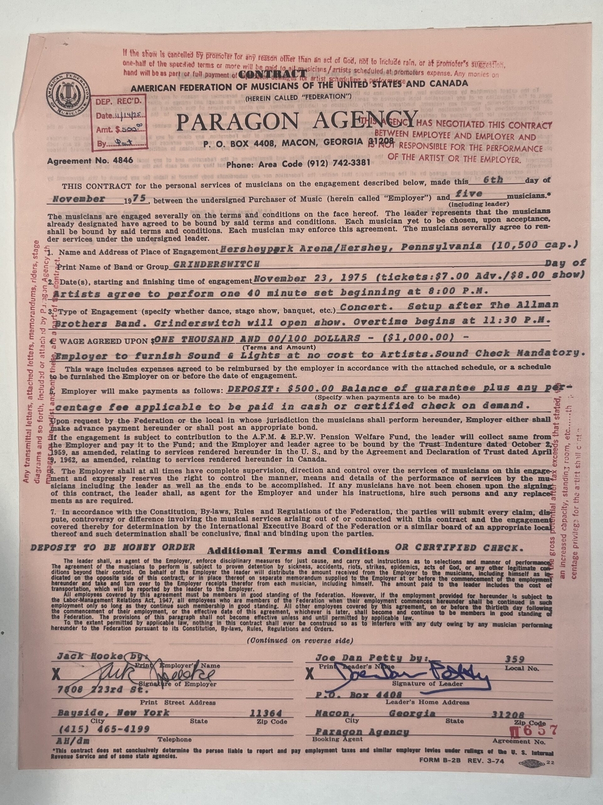 Grinderswitch Concert Contract 1975 Hershey PA