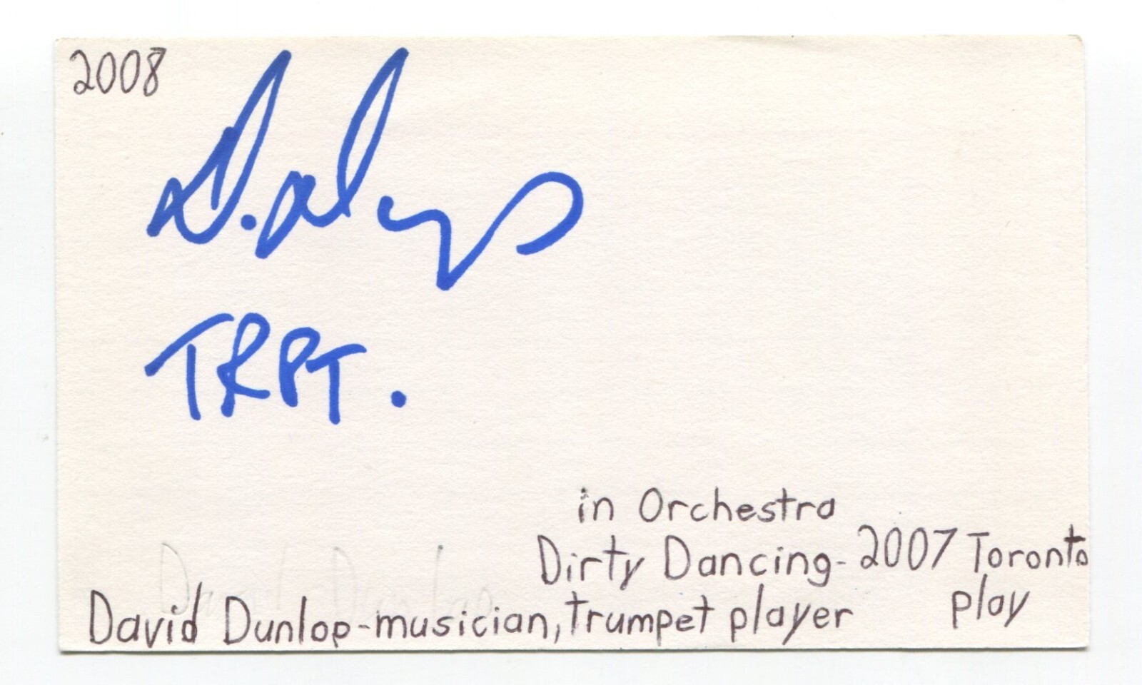 Dave Dunlop Signed 3×5 Index Card Autographed Actor Musician Guitarist