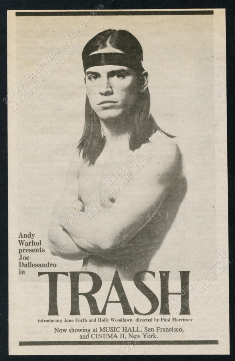 1970 Joe Dallesandro photo Andy Warhol Trash movie release vintage print ad