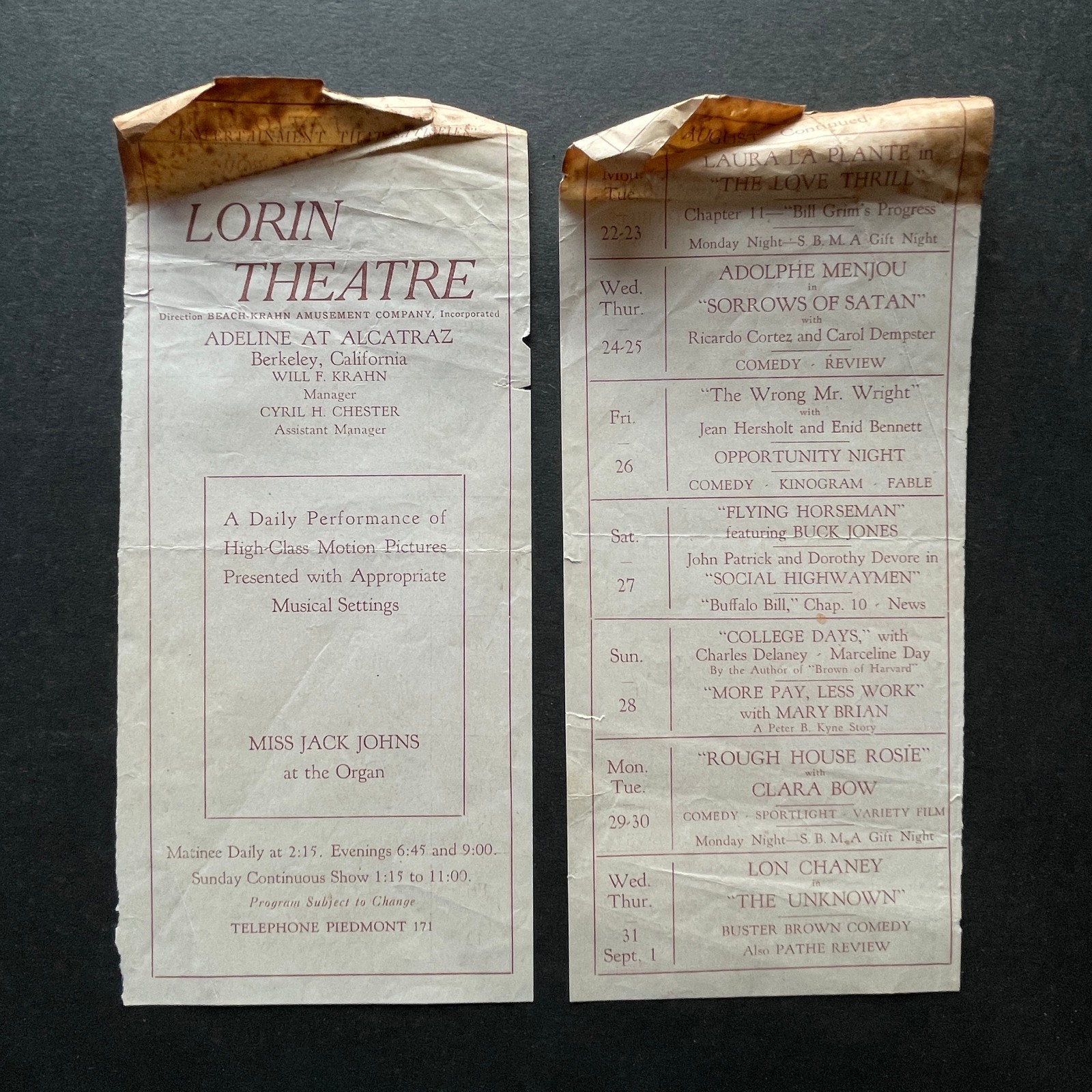 1927 Lorin Theatre Movie Schedule • Silent Films • Berkeley, CA • Clara Bow