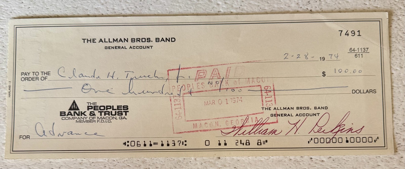 Butch Trucks of The Allman Brothers Band SIGNED Cancelled Check from 1974
