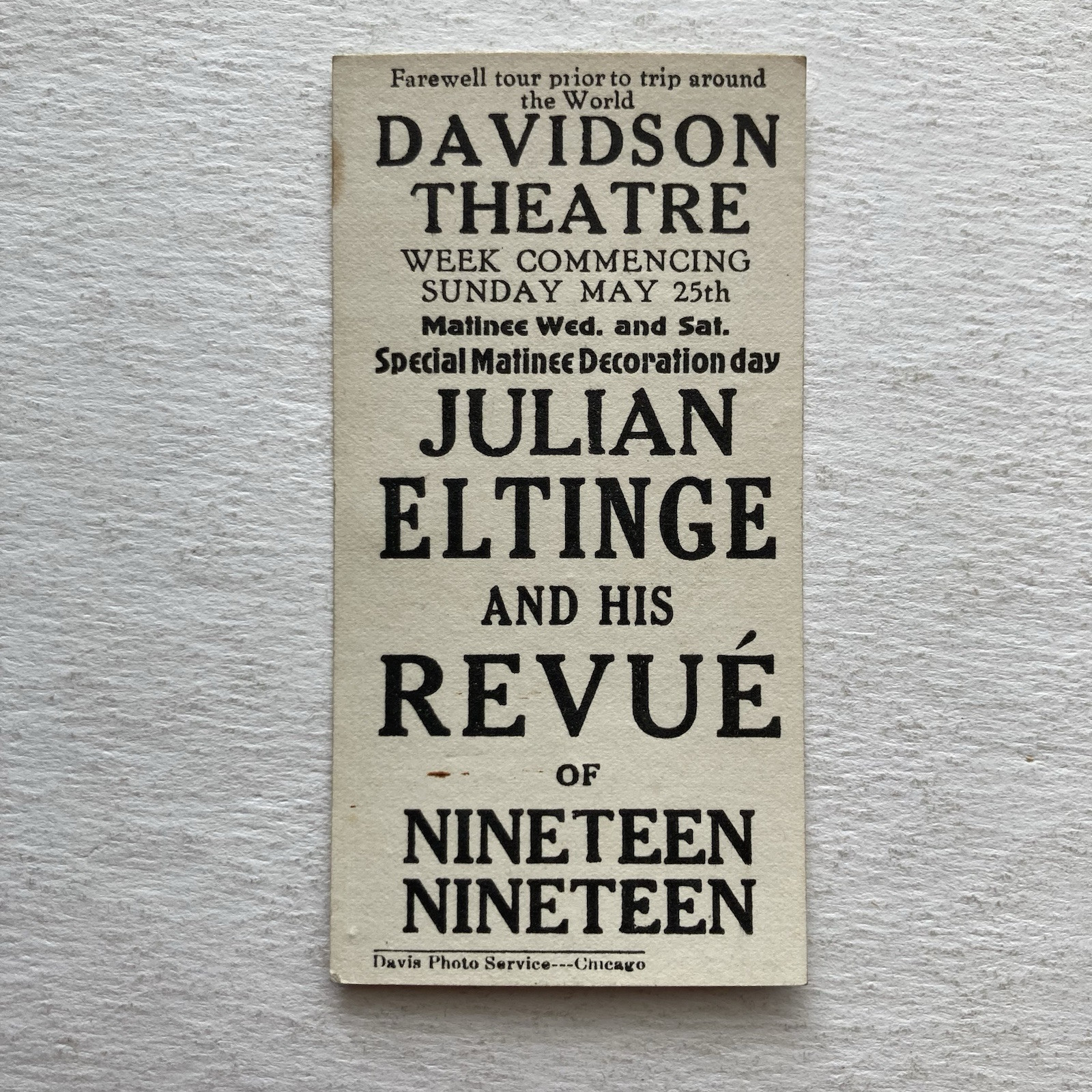 Julian Eltinge 1919 Drag Queen Hat & Flowers Small Photo Card Davidson Theatre