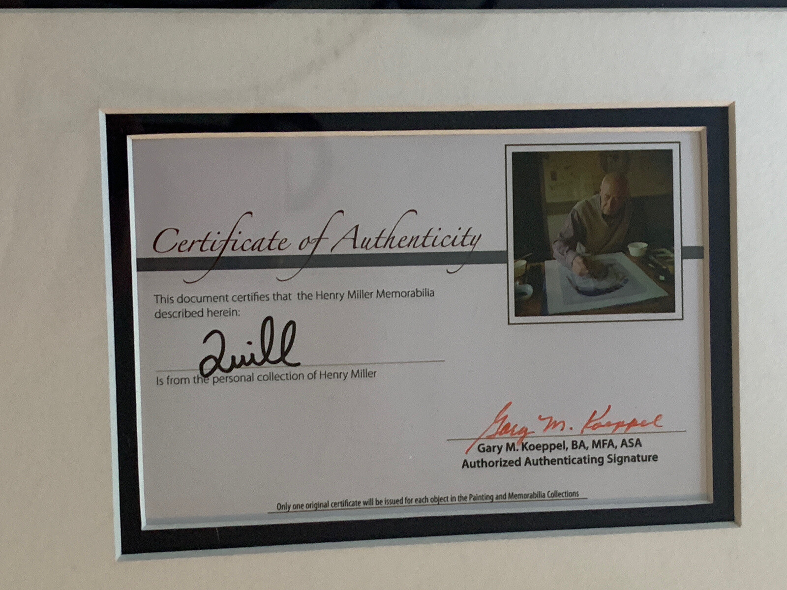 RARE Original Henry Miller Used Ink Quill Feather w/COA – 22″ X 20″ Framed