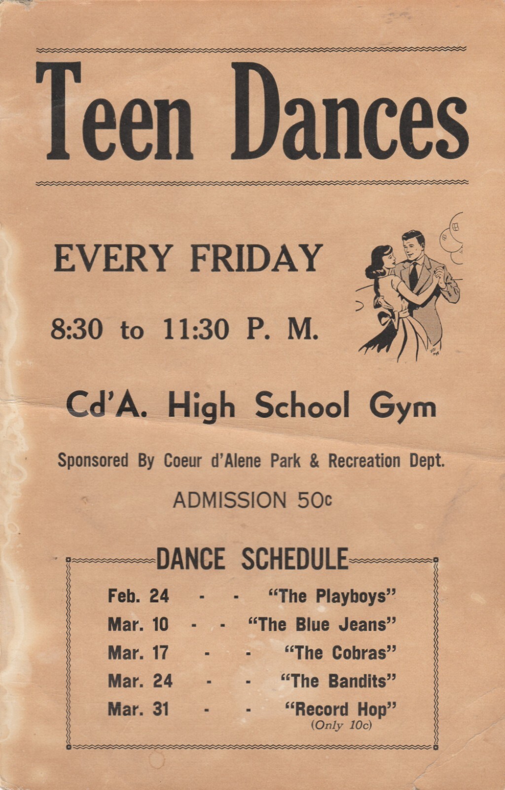Vintage NW Dance Poster The Playboys-The Blue Jeans-Cobras-Bandits 1961 7″x11″