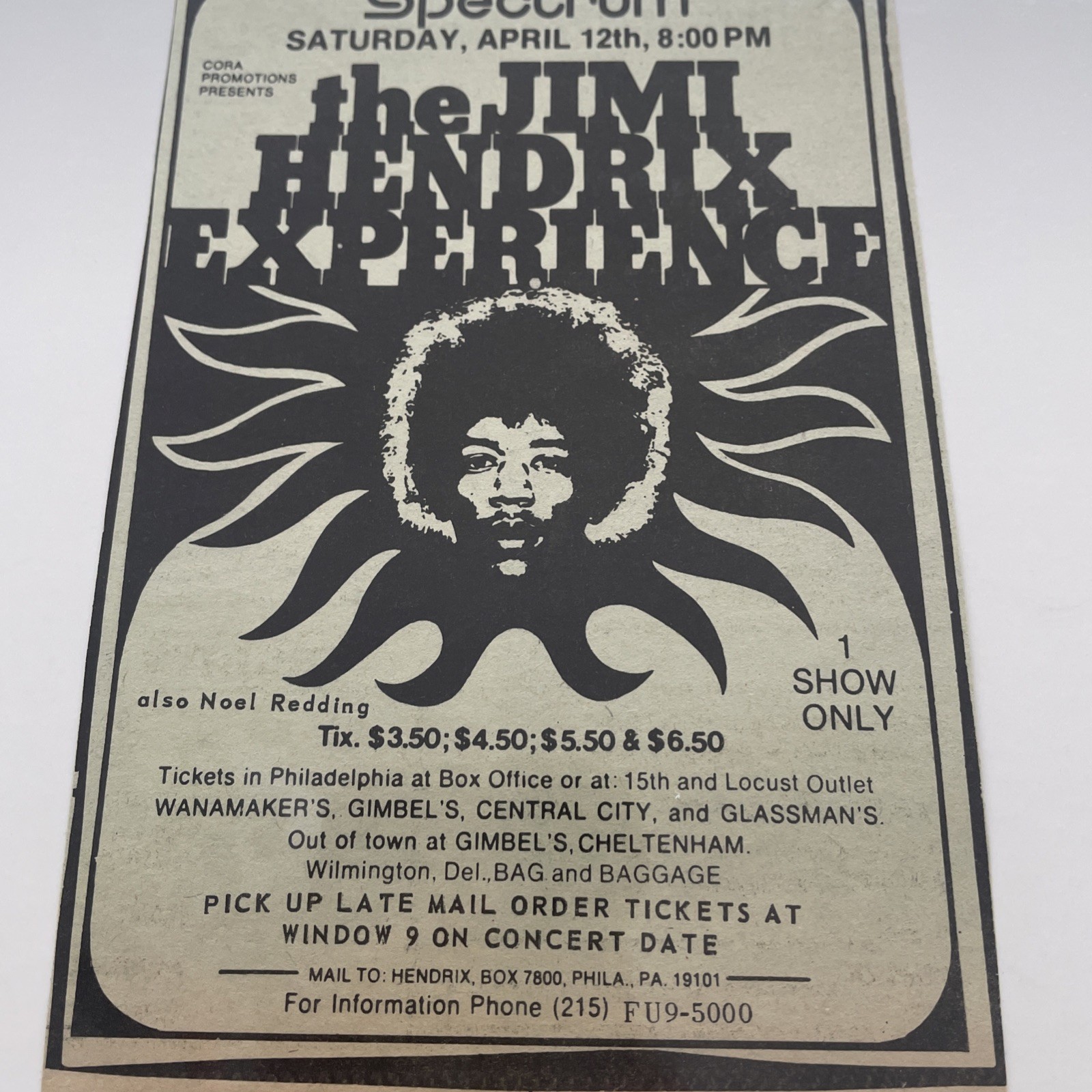 1969 JIMI HENDRIX EXPERIENCE, Spectrum Arena Philadelphia, Concert Ad