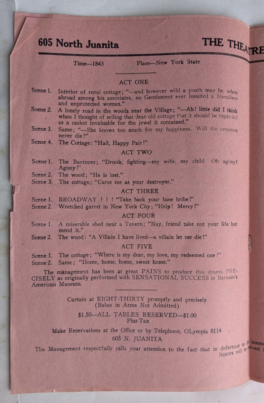 1930’s Program for ‘The Drunkard’ at ‘Theatre Mart’ Los Angeles-Temperance Play
