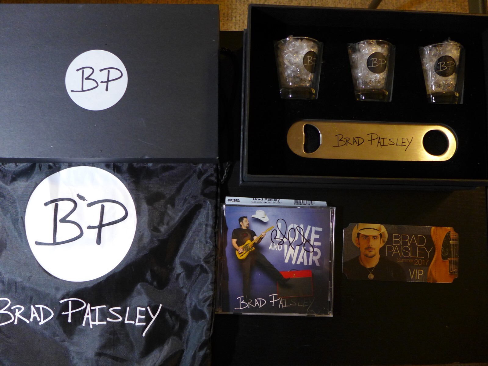 2017 Brad Paisley VIP Swag Bag & Autographed CD w/Shot Glasses & Bottle Opener