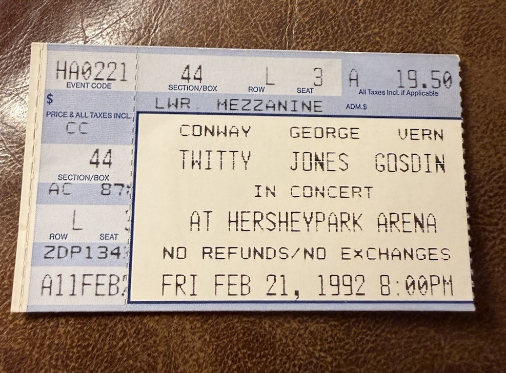 CONWAY TWITTY/GEORGE JONES RARE CONCERT TICKET STUB HERSHEY, PA 02/21/1992